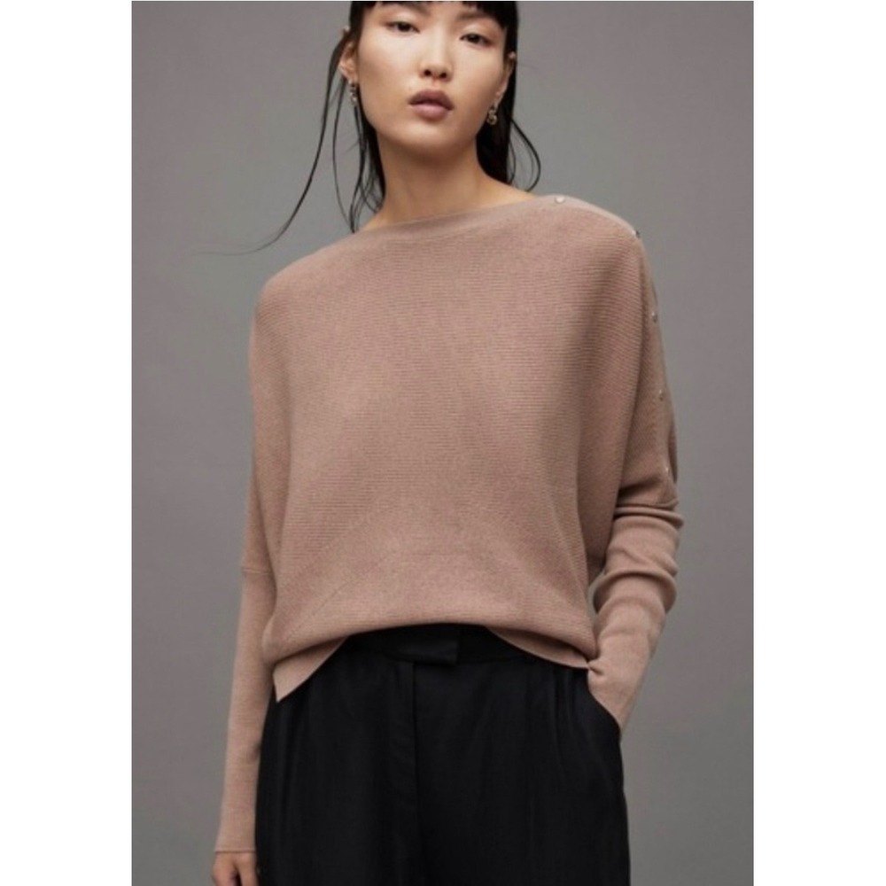 AllSaints Raven Sweater Medium Mauve Pink Wool Cashmere Snap Shoulder WK024Z